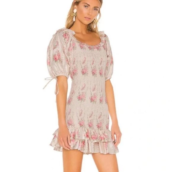 LoveShackFancy Violet Ruched Pink Floral Silk Mini Dress with Puff Sleeves - Picture 2 of 14